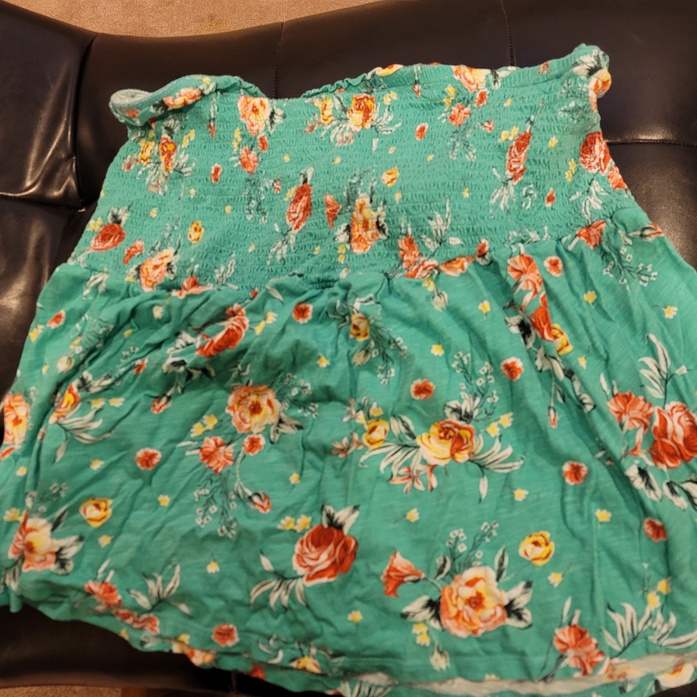 TURQUOISE FLORAL SLUB JERSEY STRAPLESS BABYDOLL TOP